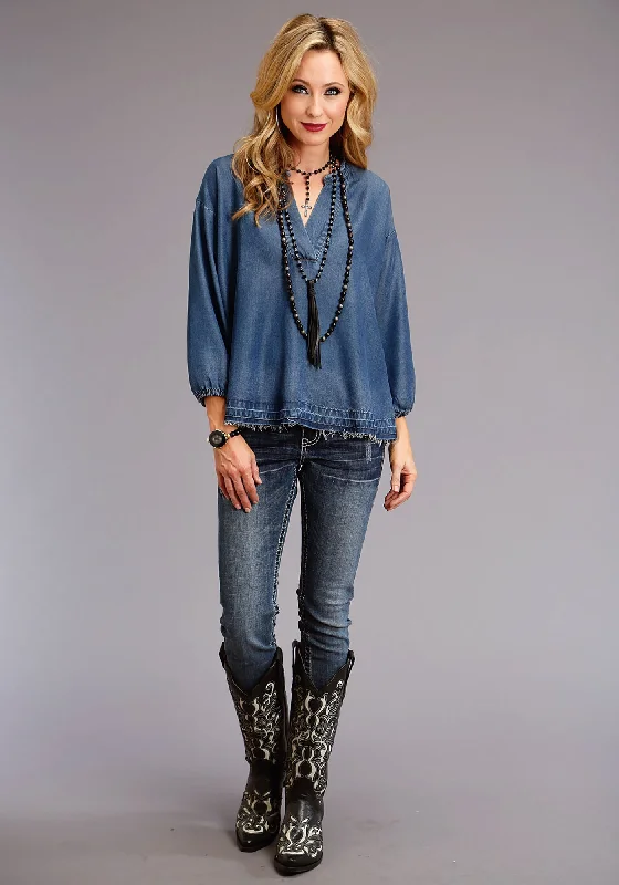 Sophisticated Women's Fashion Stetson Womens Blue Denim Denim Pullover Peasant S/S Blouse