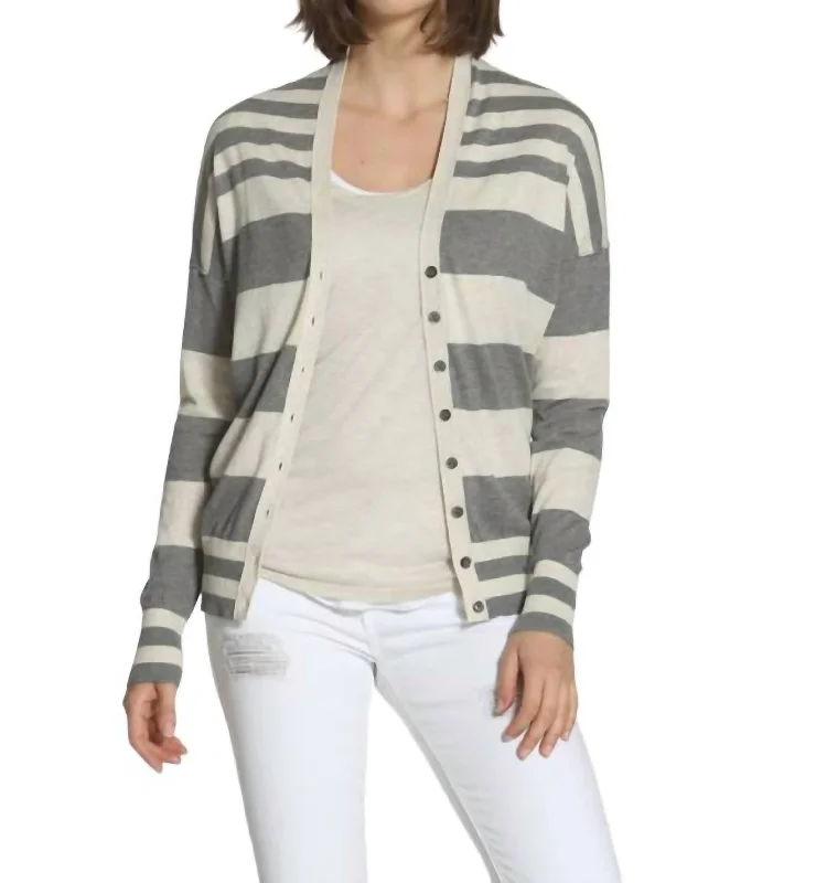 Women's Sporty Clothes Striped Cotton Cardigan In Grey/ecru