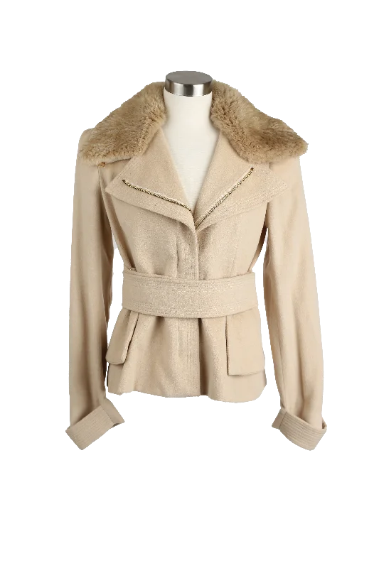 Stylish Women's Clothes for Work and Play Camel Hair Belted Dress Coat W/ Beaver Fur Collar