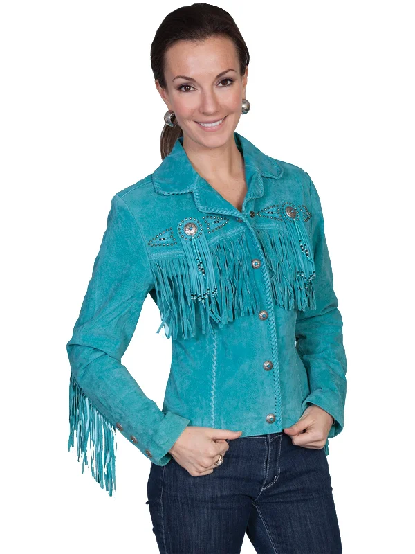 Trendy Women's Outfits for Casual Wear Scully Leather Womens Beaded Fringe Conchos Boar Suede Jacket Turquoise