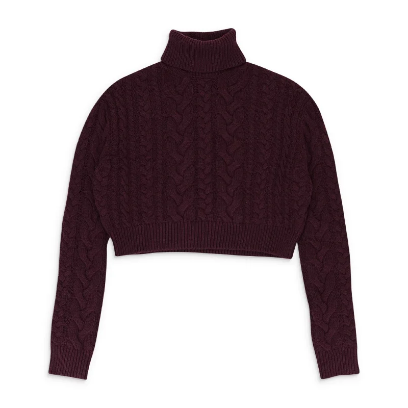 Women's Outdoor Activity Garments CABLE KNIT BURGUNDY TURTLENECK SWEATER