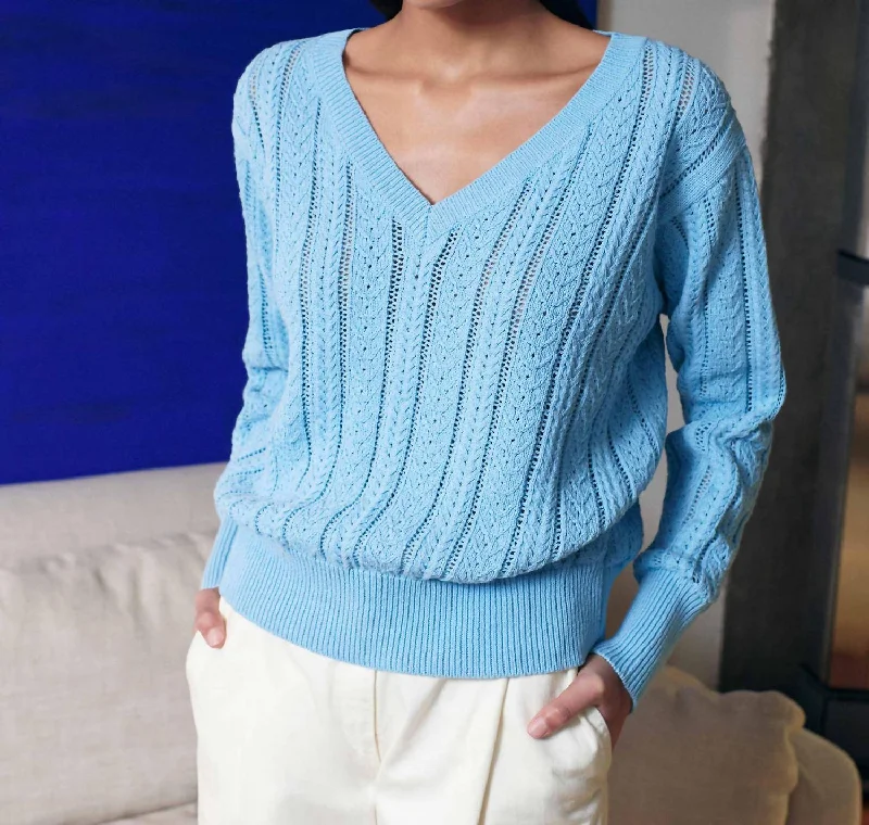 Women's Evening Outfit Recycled Cotton Open Cable V-Neck Sweater In Sky Blue