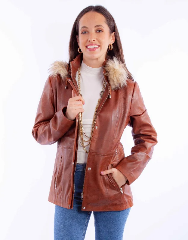 Luxury Women's Clothing Scully Womens Faux Fur Hooded Brown Leather Leather Jacket