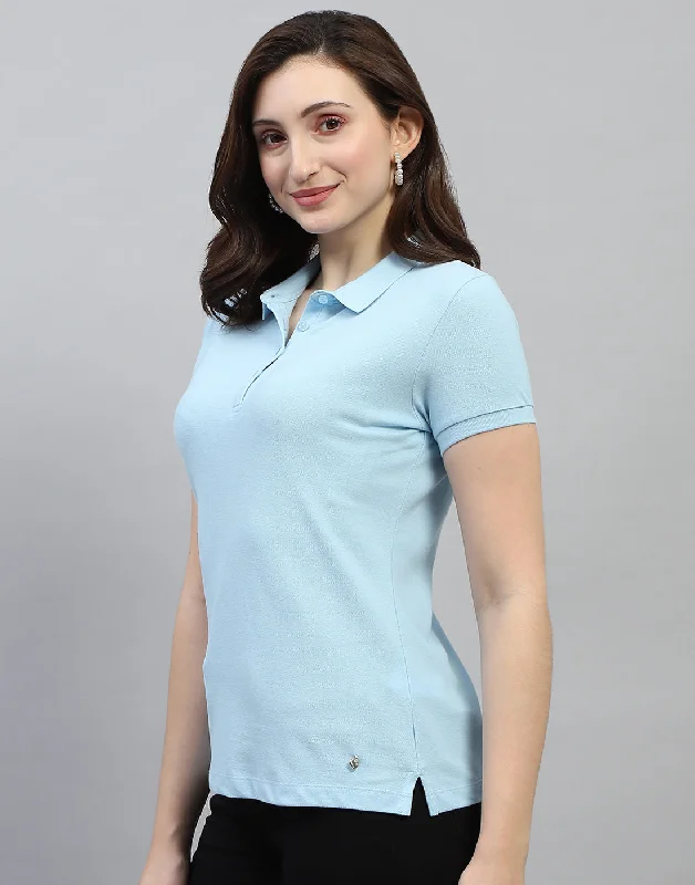 Vintage-Inspired Women's Apparel Women Sky Blue Solid Polo Collar Half Sleeve T Shirt