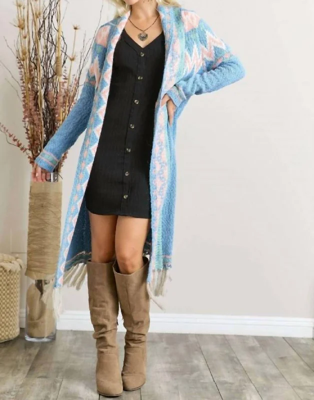 Affordable Women's Clothing Online Pastel Tassel Tribal Cardigan In Sky Blue