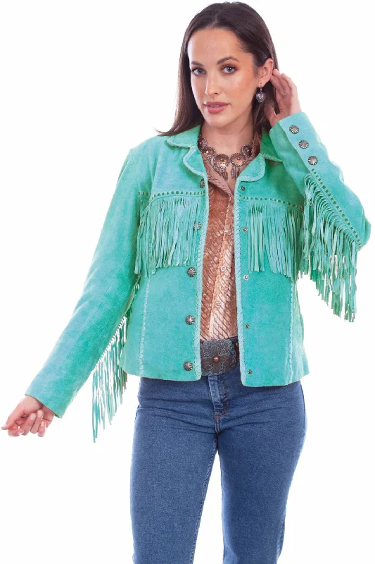 Stylish Women's Attire Scully Womens Cowgirl Fringe Turquoise Leather Leather Jacket